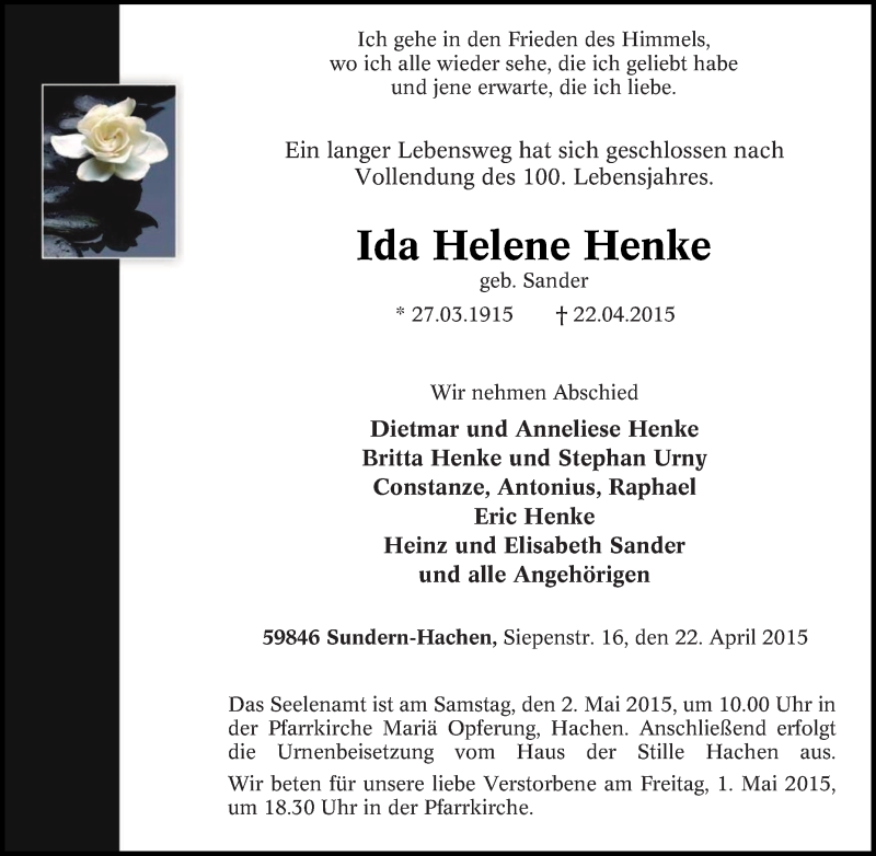  Traueranzeige für Ida Helene Henke vom 25.04.2015 aus Tageszeitung