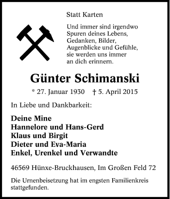 Traueranzeige von Günter Schimanski von Tageszeitung