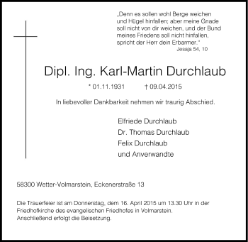 Traueranzeige von Karl-Martin Durchlaub von Tageszeitung