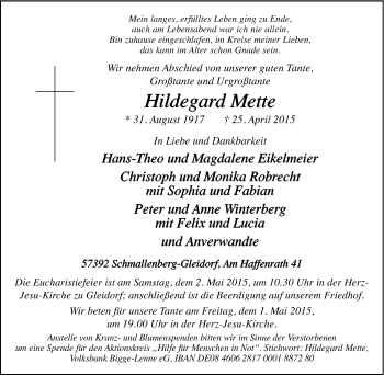 Traueranzeige von Hildegard Mette von Tageszeitung