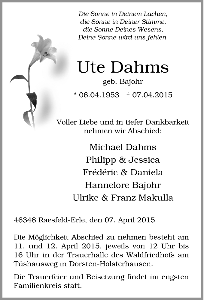  Traueranzeige für Ute Dahms vom 10.04.2015 aus Tageszeitung
