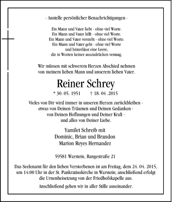 Traueranzeige von Reiner Schrey von Tageszeitung