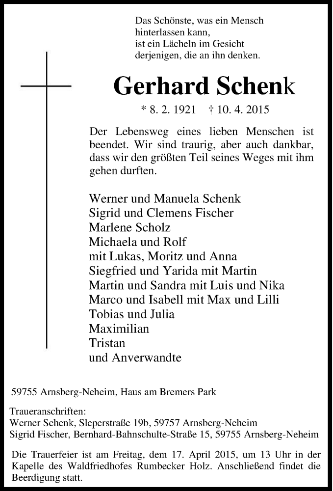  Traueranzeige für Gerhard Schenk vom 13.04.2015 aus Tageszeitung