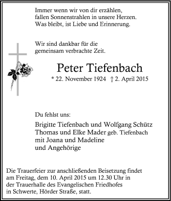Traueranzeige von Peter Tiefenbach von Tageszeitung