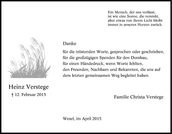 Traueranzeige von Heinz Verstege von Tageszeitung