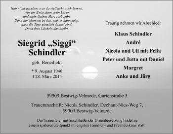 Traueranzeige von Siegrid Schindler von Tageszeitung