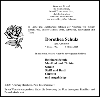 Traueranzeige von Dorothea Schulz von Tageszeitung