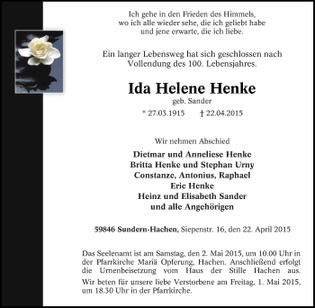 Traueranzeige von Ida Helene Henke von Tageszeitung