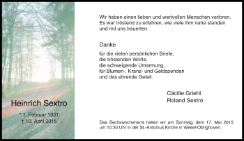 Traueranzeige von Heinrich Sextro von Tageszeitung