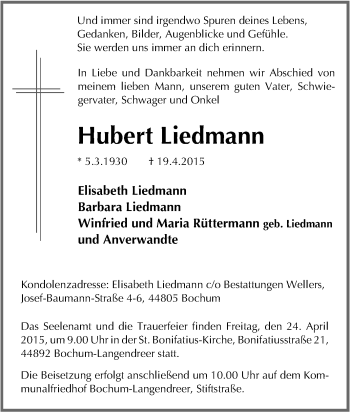 Traueranzeige von Hubert Liedmann von Tageszeitung