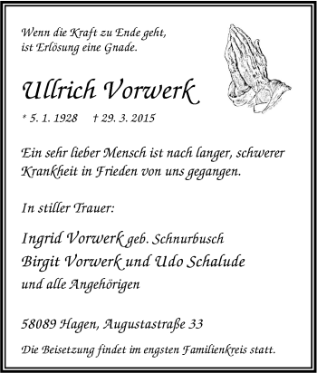 Traueranzeige von Ullrich Vorwerk von Tageszeitung