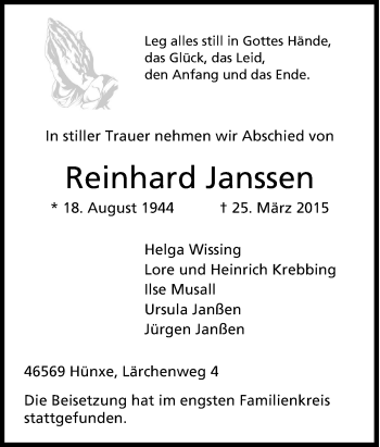 Traueranzeige von Reinhard Janssen von Tageszeitung