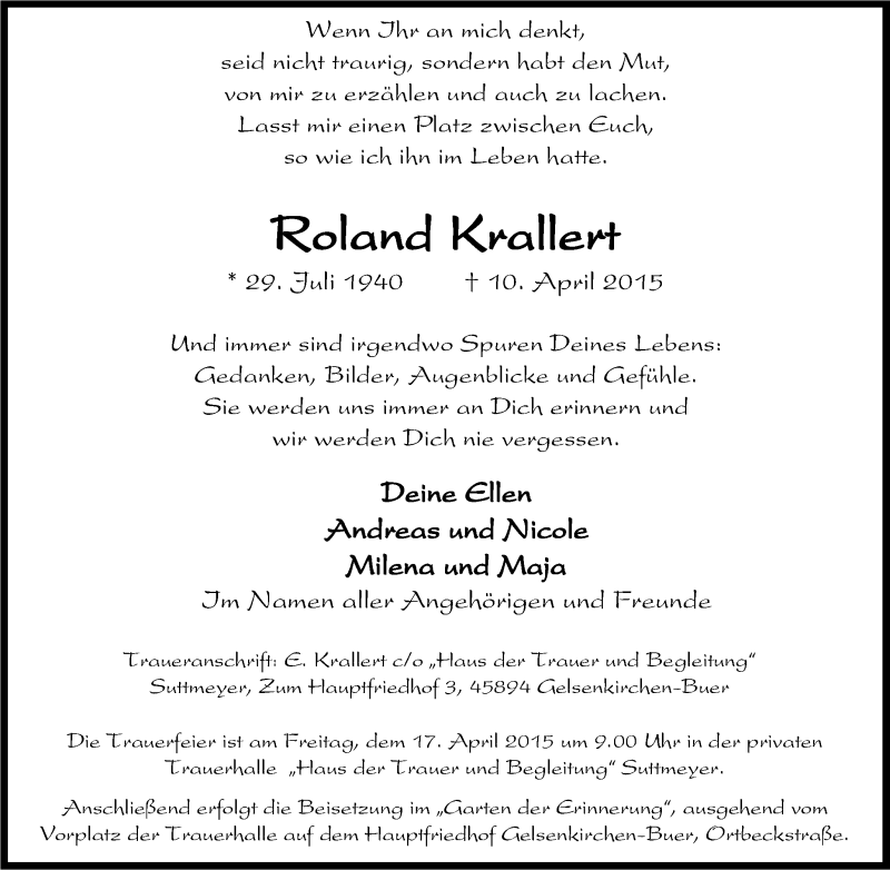  Traueranzeige für Roland Krallert vom 14.04.2015 aus Tageszeitung