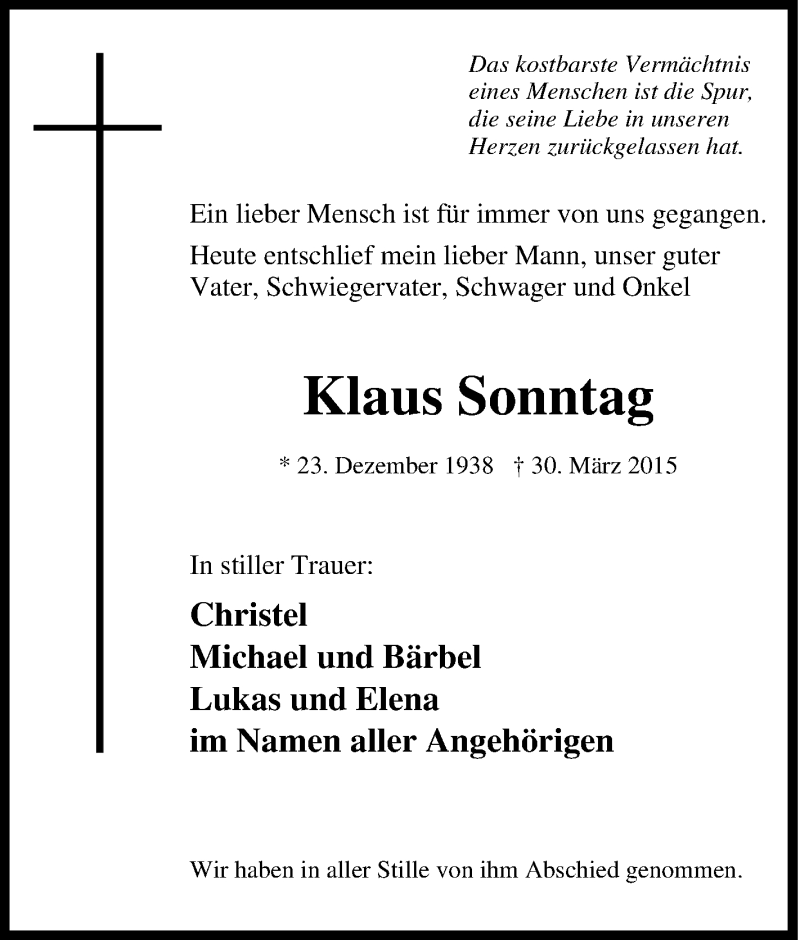  Traueranzeige für Klaus Sonntag vom 08.04.2015 aus Tageszeitung