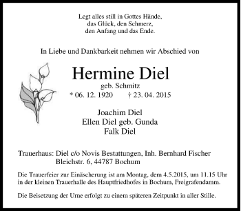 Traueranzeige von Hermine Diel von Tageszeitung