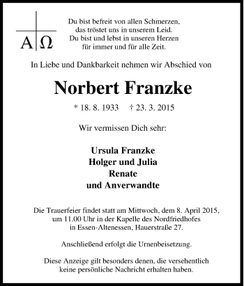 Traueranzeige von Norbert Franzke von Tageszeitung
