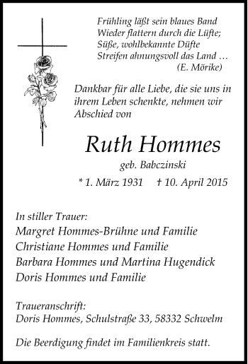 Traueranzeige von Ruth Hommes von Tageszeitung