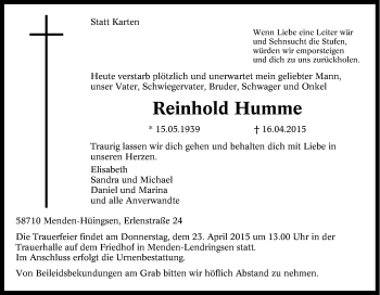 Traueranzeige von Reinhold Humme von Tageszeitung