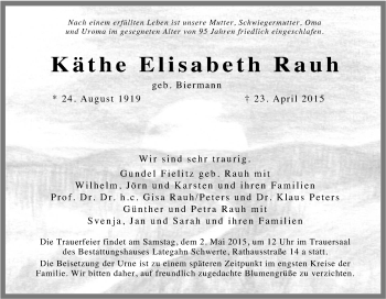 Traueranzeige von Käthe Elisabeth Rauh von Tageszeitung