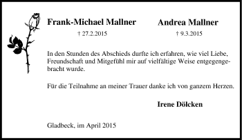 Traueranzeige von Frank-Michael und Andrea Mallner von Tageszeitung