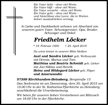 Traueranzeige von Friedhelm Löcker von Tageszeitung