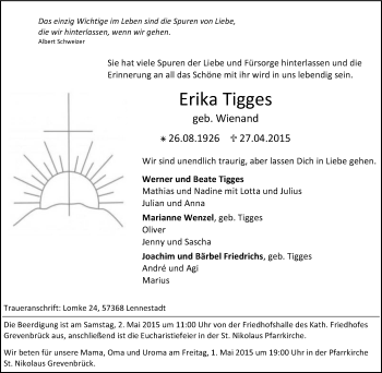 Traueranzeige von Erika Tigges von Tageszeitung