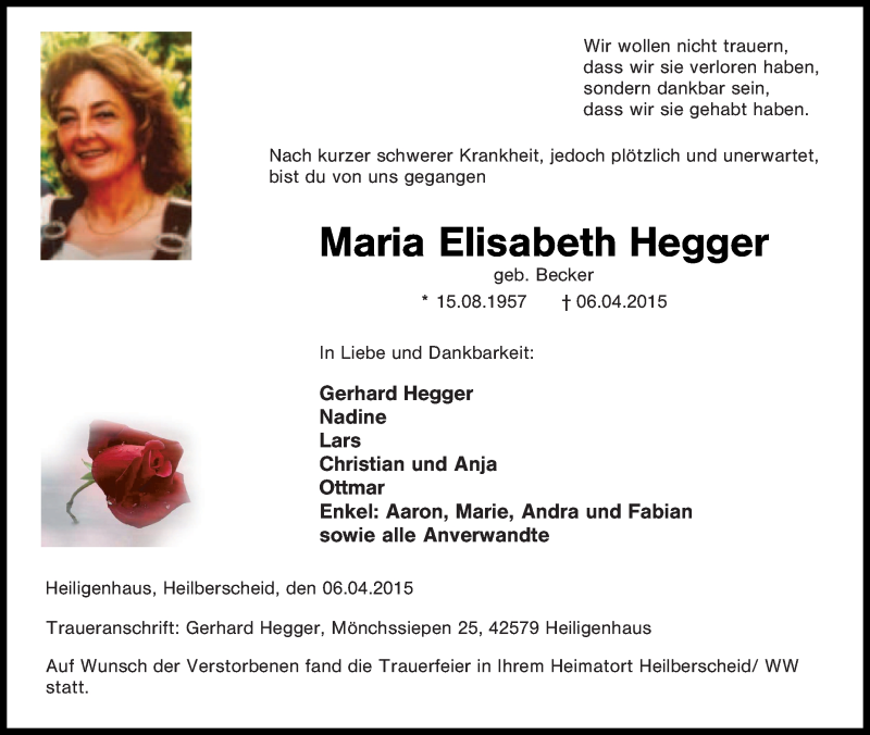  Traueranzeige für Maria Elisabeth Hegger vom 11.04.2015 aus Tageszeitung