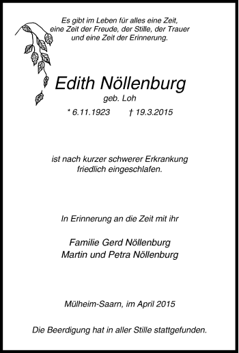 Traueranzeige von Edith Nöllenburg von Tageszeitung