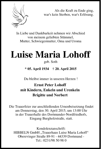 Traueranzeige von Luise Maria Lohoff von Tageszeitung