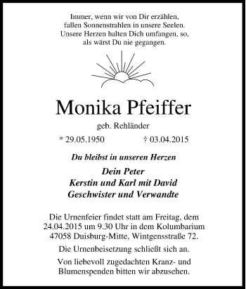 Traueranzeige von Monika Pfeiffer von Tageszeitung