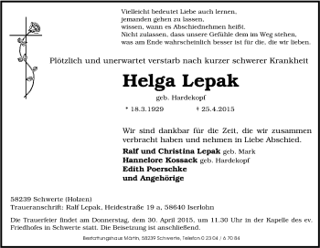 Traueranzeige von Helga Lepak von Tageszeitung