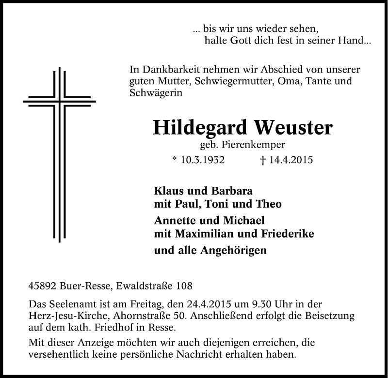  Traueranzeige für Hildegard Weuster vom 18.04.2015 aus Tageszeitung