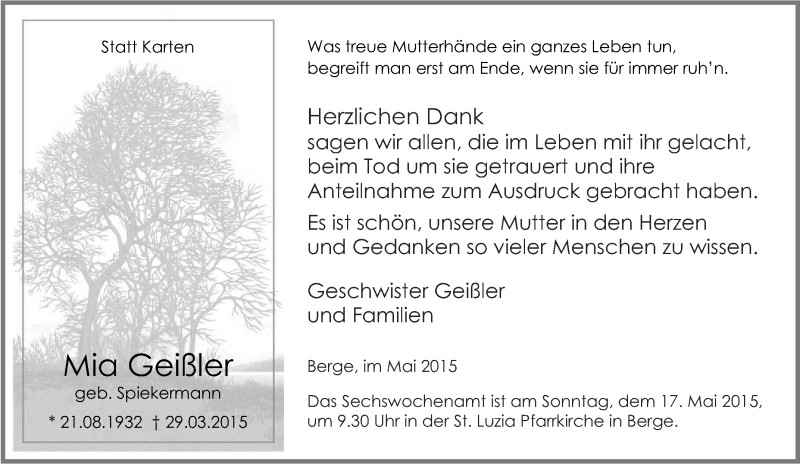  Traueranzeige für Mia Geißler vom 01.04.2015 aus Tageszeitung
