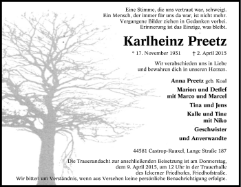 Traueranzeige von Karlheinz Preetz von Tageszeitung