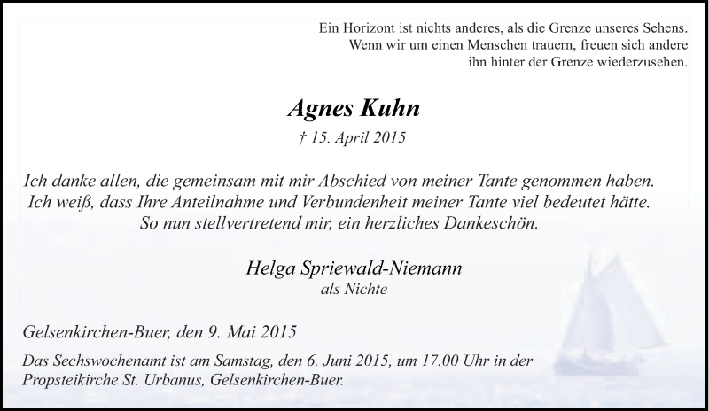 Traueranzeige für Agnes Kuhn vom 18.04.2015 aus Tageszeitung