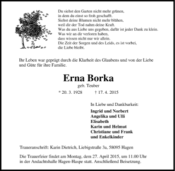 Traueranzeige von Erna Borka von Tageszeitung