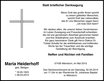 Traueranzeige von Maria Heiderhoff von Tageszeitung