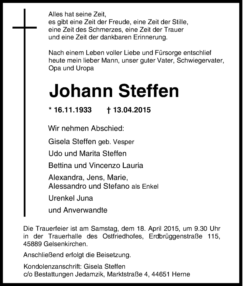 Traueranzeige für Johann Steffen vom 15.04.2015 aus Tageszeitung