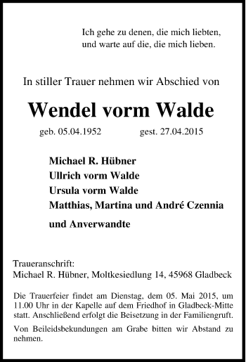 Traueranzeige von Wendel vorm Walde von Tageszeitung