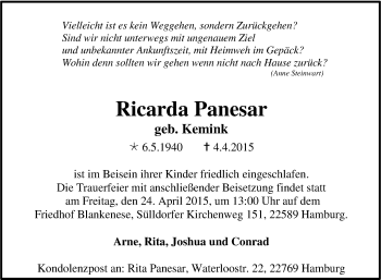 Traueranzeige von Ricarda Panesar von Tageszeitung