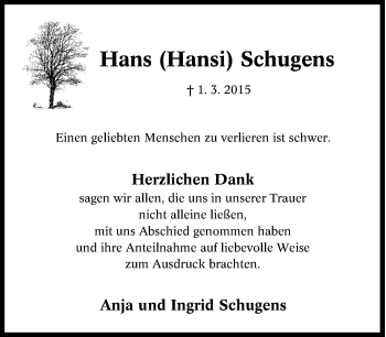 Traueranzeige von Hans Schugens von Tageszeitung