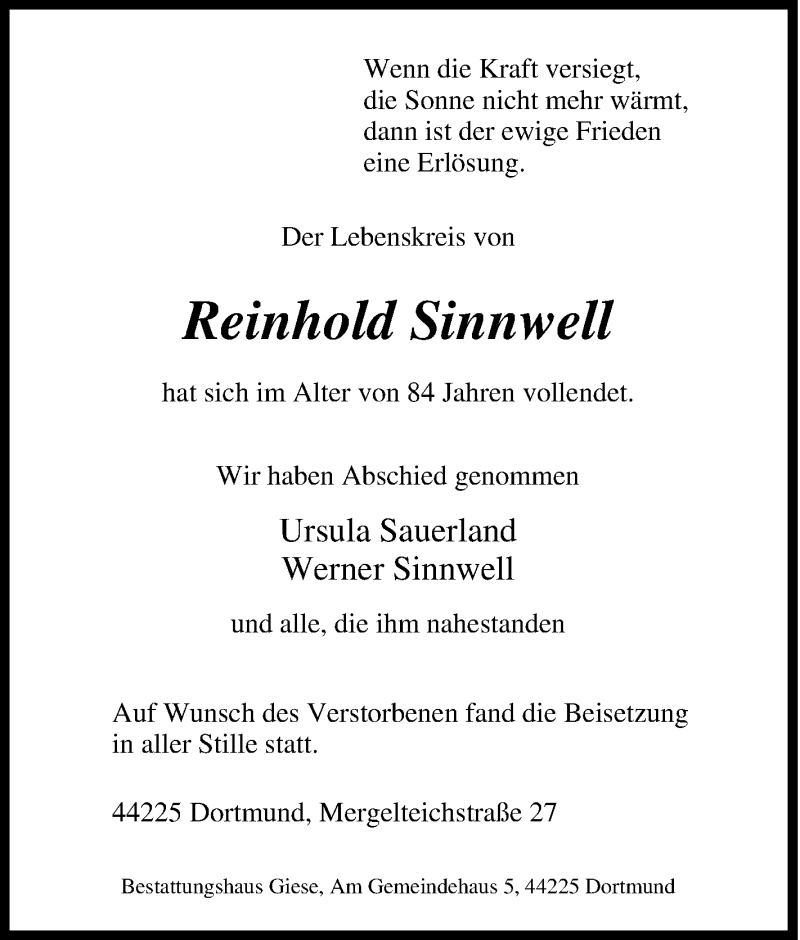  Traueranzeige für Reinhold Sinnwell vom 11.04.2015 aus Tageszeitung
