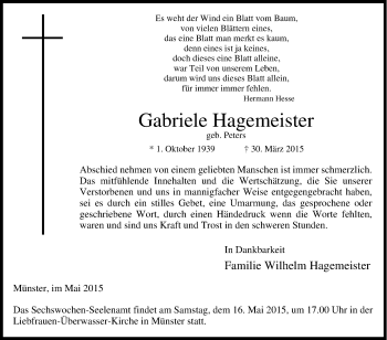 Traueranzeige von Gabriele  Hagemeister von Tageszeitung