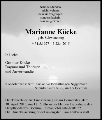Traueranzeige von Marianne Köcke von Tageszeitung
