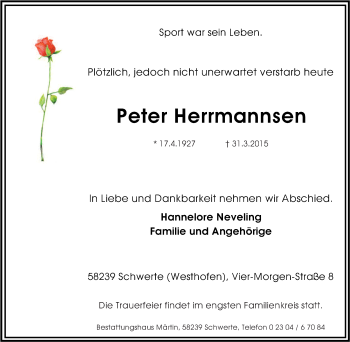 Traueranzeige von Peter Herrmannsen von Tageszeitung