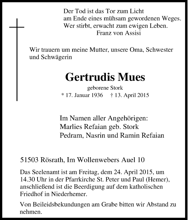  Traueranzeige für Gertrudis Mues vom 21.04.2015 aus Tageszeitung