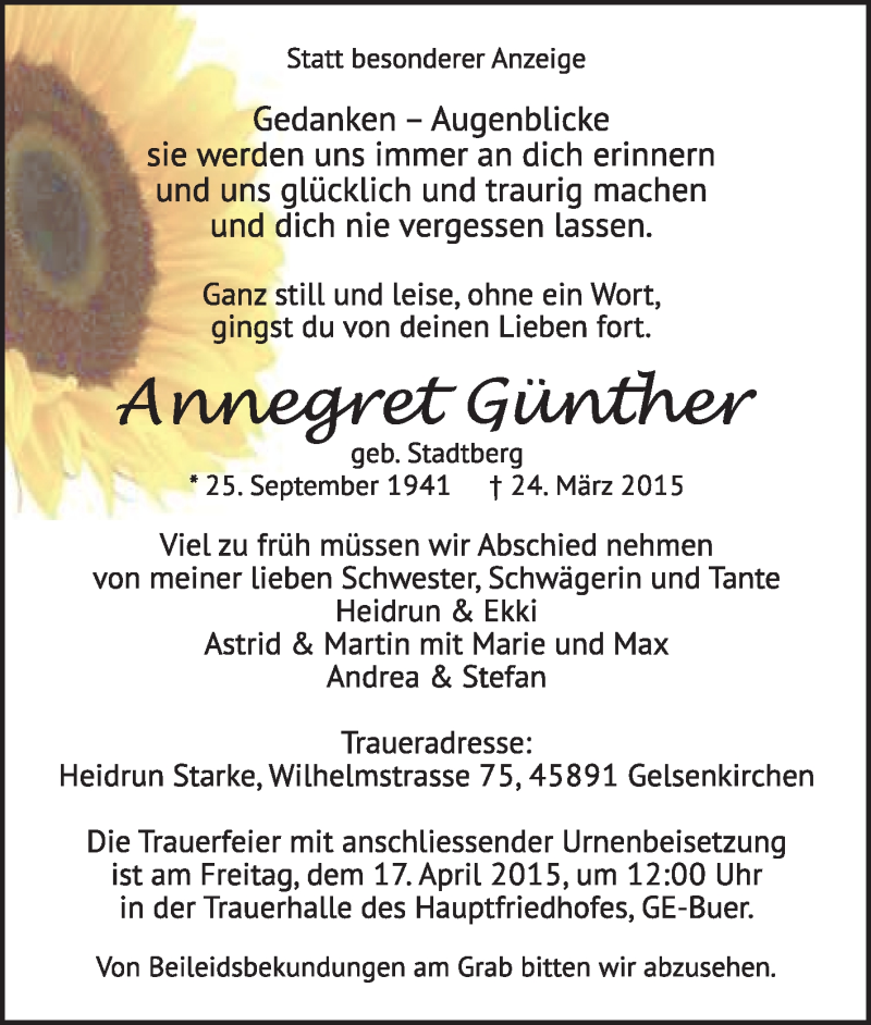  Traueranzeige für Annegret Günther vom 15.04.2015 aus Tageszeitung
