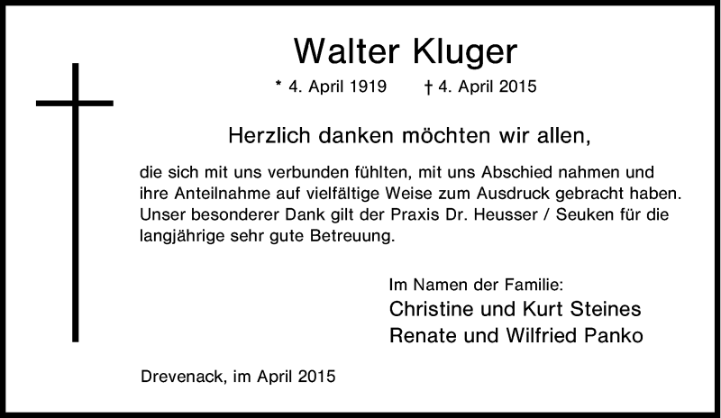  Traueranzeige für Walter Kluger vom 14.04.2015 aus Tageszeitung
