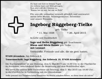 Traueranzeige von Ingeborg Rüggeberg-Tielke von Tageszeitung