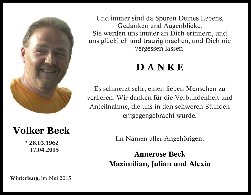  Traueranzeige für Volker Beck vom 18.04.2015 aus Tageszeitung